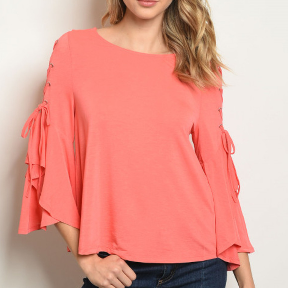 LACE UP SLEEVED CORAL BLOUSE - Picture 1 of 2